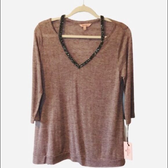 JUICY COUTURE V neck sweater with rhinestone neckline peek-a-boo shoulders. NWT - Picture 1 of 5